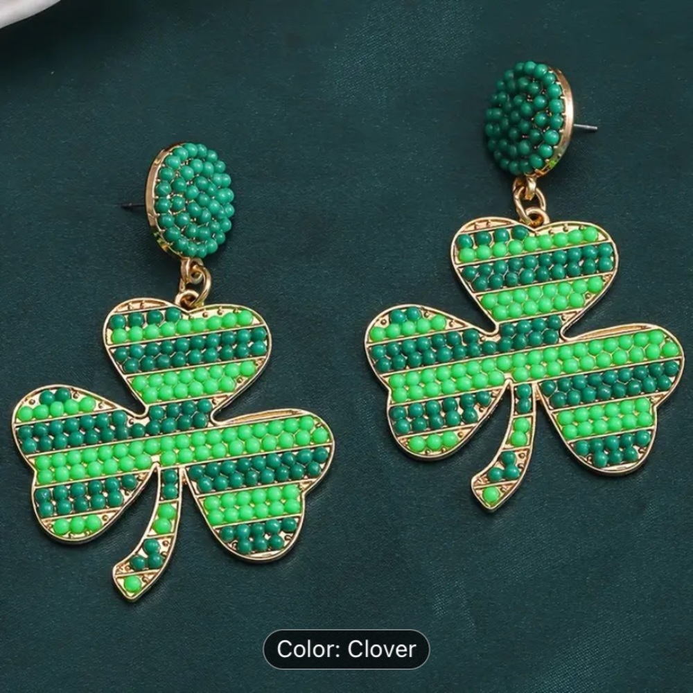Large multi green tones clover bead drop earrings gold hardware St Patrick’s Day